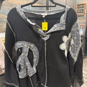 POLBlack and Gray Floral Patchwork Top